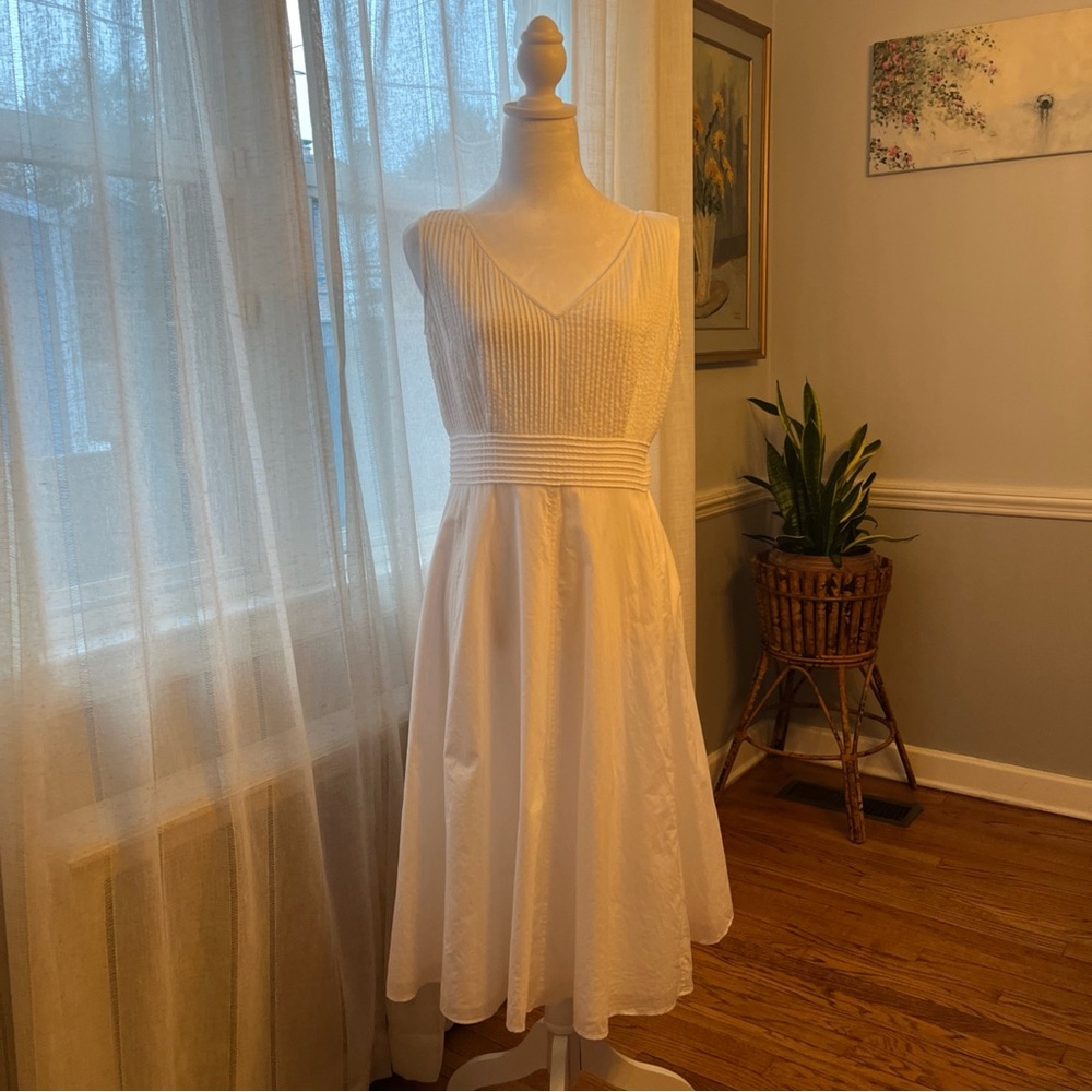 VTG. J Crew Sundress Sz 10 Fit & Flare White 100% Cotton Pleated Bodice Preppy
